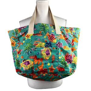 On Shore Large Tropical Tote Bag Cotton Fish Coral Starfish Pockets